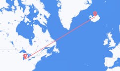 Fly fra byen Kalamazoo, USA til byen Akureyri, Island