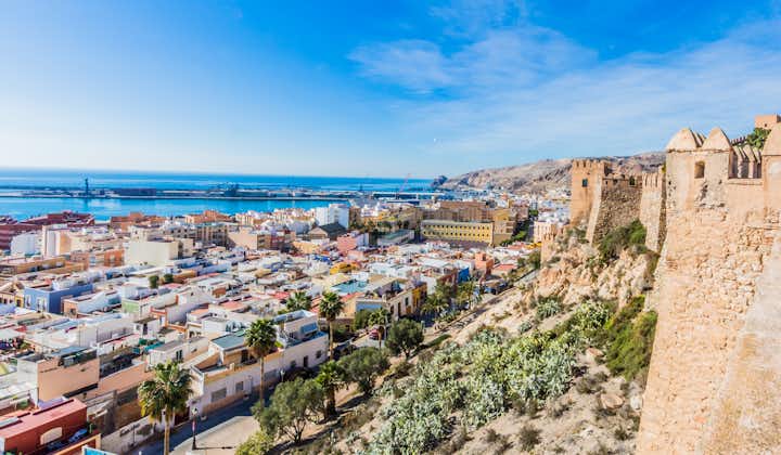 Aerial view of the urban landscape of the city of Almería in Spain seen from an alcazaba