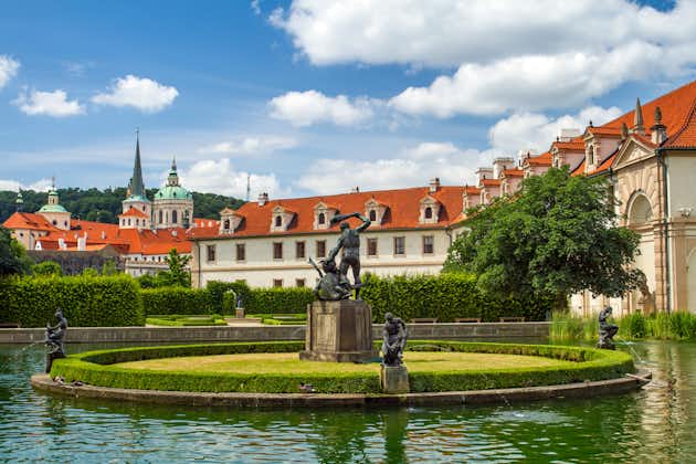 Photo of Waldstein palace garden (Valdstejnska Zahrada) and building of the Senate of Czech Republic in Prague.