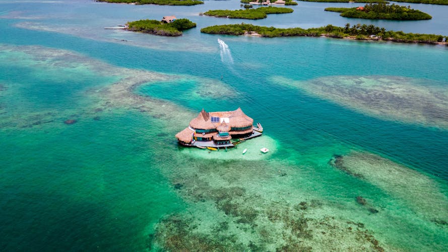 House in the middle of the ocean in the San Bernardo archipelago near the Rosario Islands in Cartagena, Colombia.
