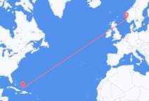 来自特克斯和凯科斯群岛出发地 普羅維登西亞萊斯島目的地 挪威海宁格松的航班