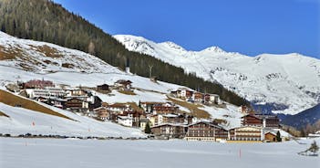 Photo of panorama of Hintertux ski resort in Zillertal Alps in Austria.