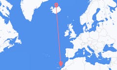 航班从西班牙兰萨罗特岛市到阿克雷里市，冰岛塞尔