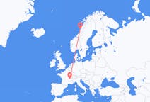 Flug frá Sandnessjøen, Noregi til Lyon, Frakklandi