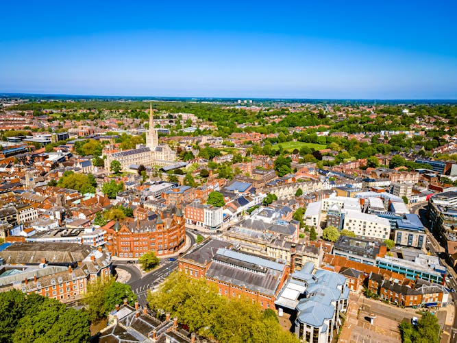 Photo of aerial view of Norwich Cathedral located in Norwich, Norfolk, UK.