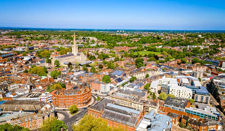 Photo of aerial view of Norwich Cathedral located in Norwich, Norfolk, UK.