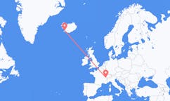Fly fra byen Reykjavik, Island til byen Genève, Schweiz