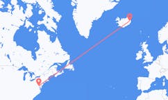 Flights from the city of Washington, D. C. , the United States to the city of Egilsstaðir, Iceland