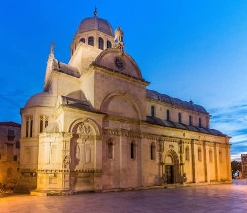 Photo of night view of the Cathedral of Saint James in Sibenik, Croatia.