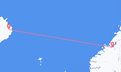 航班从挪威特隆赫姆市到埃伊尔斯塔济市，冰岛塞尔