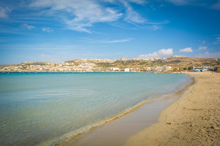 Photo of beautiful sandy beach landscape view in Mellieha, Malta.