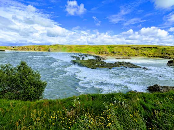 photo of Urriðafoss view to North in sunny day in Iceland.
