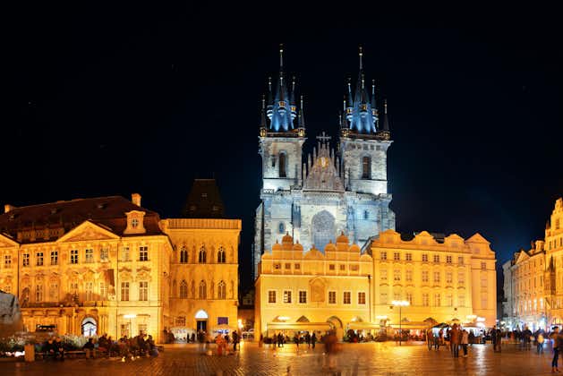 Photo of Church of Our Lady before Týn at night in Old Town Square in Prague, Czech Republic.