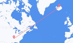 Fly fra byen Memphis, USA til byen Akureyri, Island