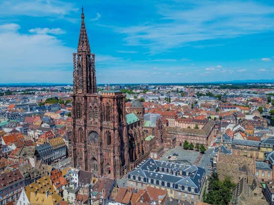 Photo of aerial panoramic view of cityscape of old town of Strasbourg and Cathedral of Our Lady of Strasbourg , France.
