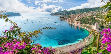 View of Mediterranean luxury resort and bay with yachts. Nice, Cote d'Azur, France. 