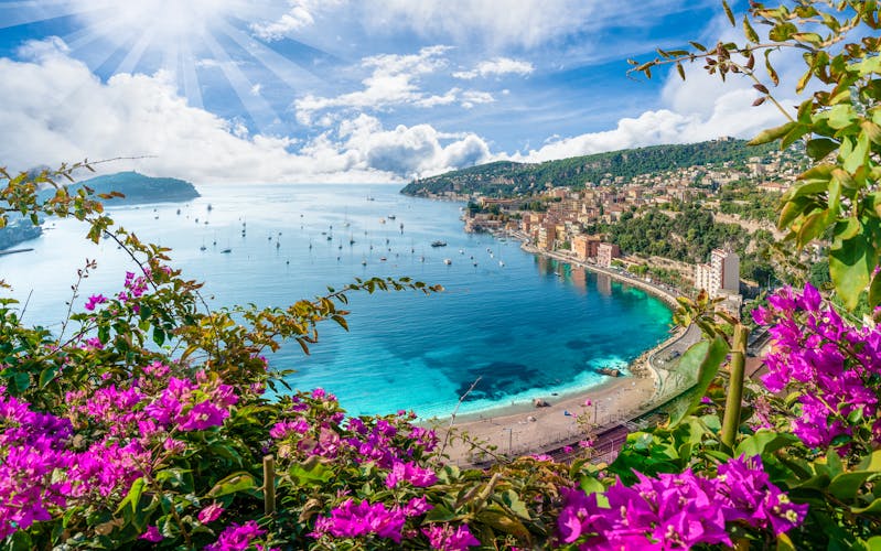 Photo of French Riviera coast with medieval town Villefranche sur Mer, Nice region, France.