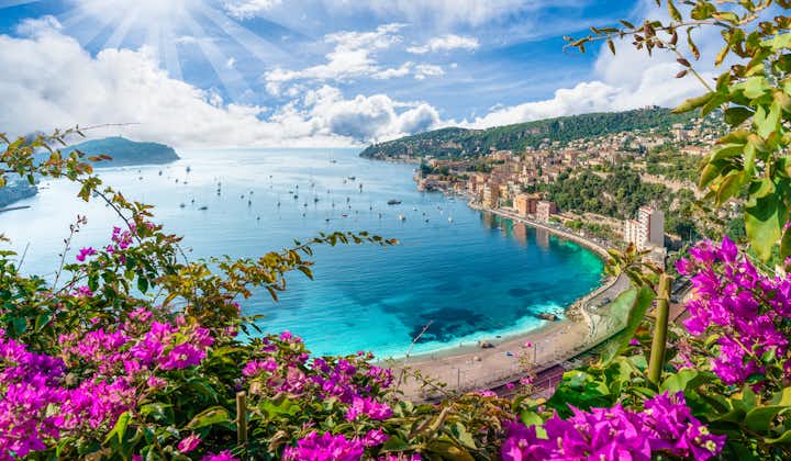 Photo of French Riviera coast with medieval town Villefranche sur Mer, Nice region, France.