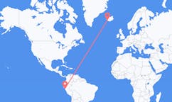 Flyg från Trujillo (departementshuvudort i Honduras, Departamento de Colón, lat 15,92, long -85,95), Peru till Reykjavik, Island