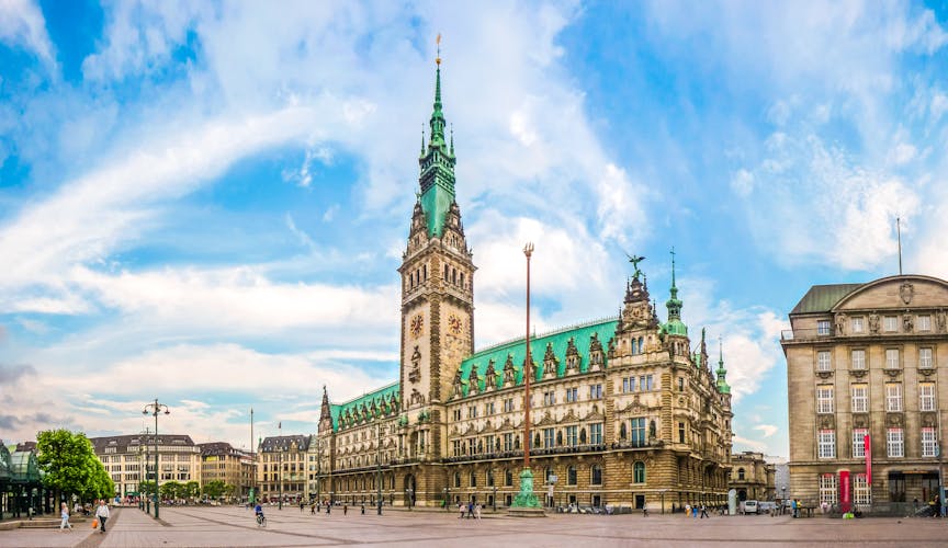 Photo of beautiful view of famous Hamburg town hall.
