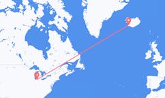 Fly fra byen South Bend, USA til byen Reykjavik, Island