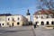 Photo of fragment of Market Square with renissance buildings and belfry in Krosno, Poland.