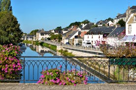 Photo of Vannes, beautiful city in Brittany, boats in the harbor, with typical houses and the cathedral in background, France.