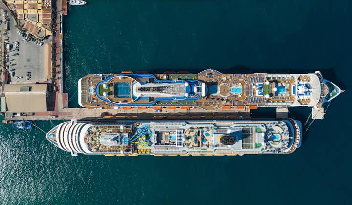 Cruise Ship in the Kusadasi Marina Drone Photo, Kusadasi Aydin, Turkey.