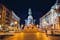 Krakow / Poland - September 5 2018: Jan matejko Square in Krakow, Poland, at night, big monument dedicated to Grunwald battle in 1410 year, street lamps, benches, building on both sides, night skyline