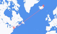航班从美国大西洋城市到埃伊尔斯塔济市，冰岛塞尔