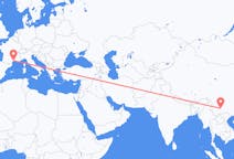Flyg från Kunming, Kina till Montpellier, Frankrike