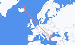 航班从希腊米蒂利尼市到埃伊尔斯塔济市，冰岛塞尔