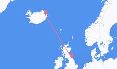 Flights from the city of Durham, England, the United Kingdom to the city of Egilsstaðir, Iceland