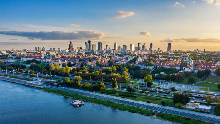Photo of Warsaw city center aerial view.