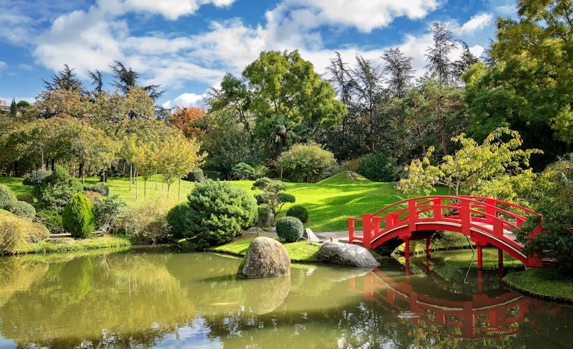 Photo of Japanese Garden with small pond on a sunny day. Compans Caffarelli district. Toulouse.
