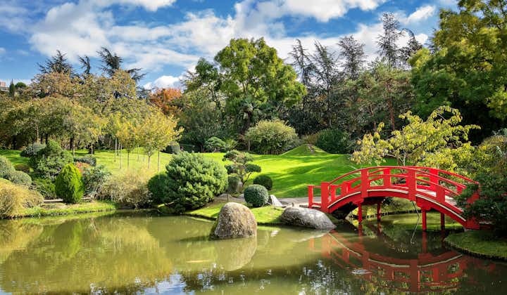 Photo of Japanese Garden with small pond on a sunny day. Compans Caffarelli district. Toulouse.