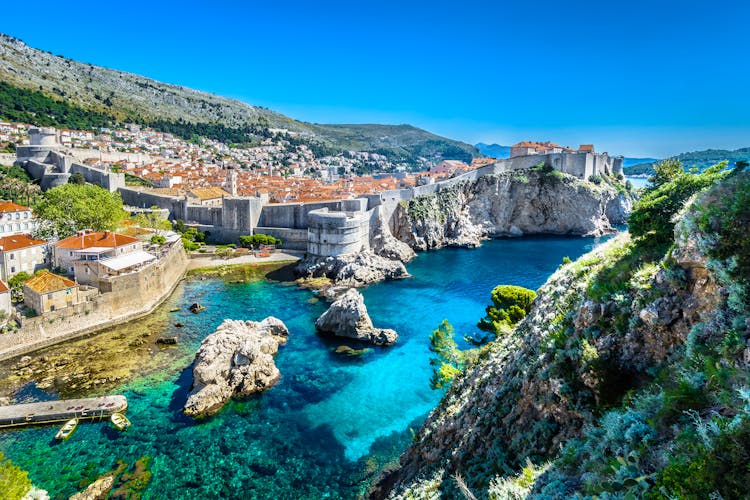 Photo of aerial panoramic view at famous European travel destination, Dubrovnik cityscape on Adriatic Coast.