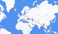 航班从缅甸奈比多市到雷克雅维克市，冰岛塞尔
