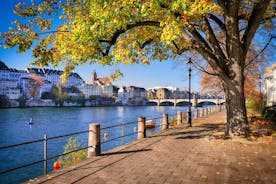 View of the Old Town of Basel with red stone Munster cathedral and the Rhine river, Switzerland.