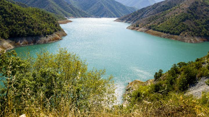 Photo of colorful Kozjak Lake in the mountains of Northern Macedonia.