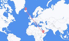 航班从埃塞俄比亚塞梅拉市到阿克雷里市，冰岛塞尔