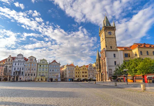 Photo of Prague Old Town Square Czech Republic, sunrise city skyline at Astronomical Clock Tower.