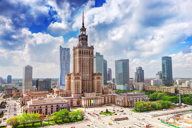 Photo of Warsaw, Poland. Aerial view Palace of Culture and Science and downtown business skyscrapers.