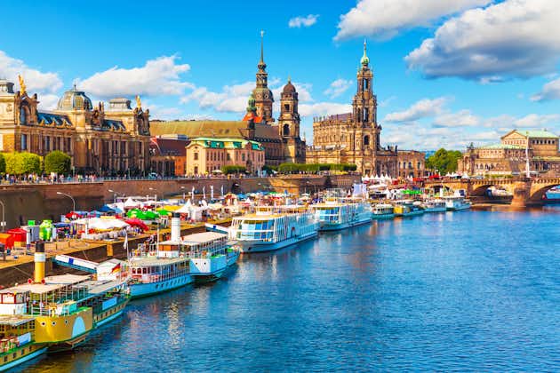 Photo of scenic summer view of the Old Town architecture with Elbe river embankment in Dresden, Saxony, Germany.