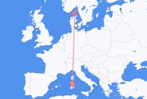 Vluchten van Aalborg, Denemarken naar Cagliari, Trento, Italië