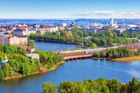 Early autumn morning panorama of the Port of Turku, Finland, with Turku Castle at background.