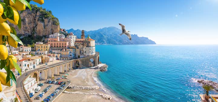 Panoramic view of small town Atrani on Amalfi Coast in province of Salerno, Campania region, Italy.