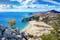 photo of view Tsambika beach with golden sand - view from Tsambika monastery (RHODES, GREECE).