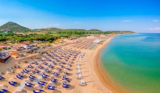 Photo of panoramic aerial view of Asprovalta with Adriatic sea beach and background of beautiful mountain landscape, Greece.