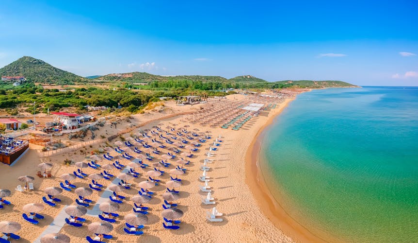 Photo of aerial view of Ammolofoi sand beach near Kavala, Greece, Europe.
